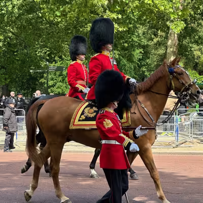 Mounted guards in red uniforms and bearskin hats riding in a ceremonial procession in London