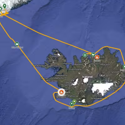 Map showing a National Geographic Endurance expedition route around Iceland and into Greenland’s fjords, with labeled waypoints for wildlife sightings and key stops.
