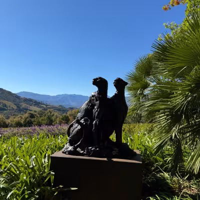 winelands statue of two cheetah with mountains and green landscapes