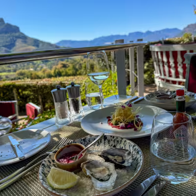 lunch in winelands plate of oysters with table mountain in the back