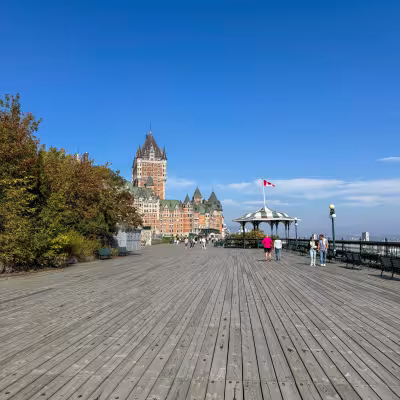 boardwalk in Quebec City blue skies 
