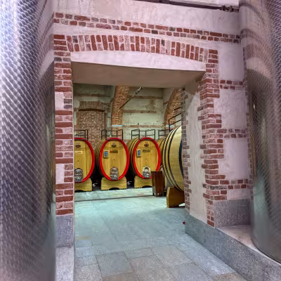 Historic brick wine cellar with large oak barrels at Marchesi di Barolo, Piedmont