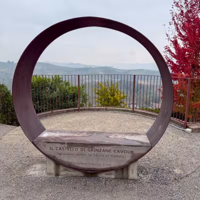 Circular viewpoint at Castello di Grinzane Cavour overlooking the Langhe vineyards, Italy