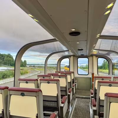 Glass-domed railcar interior on the Alaska Railroad's Anchorage-to-Seward scenic train