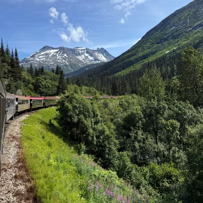 White Pass & Yukon Route train winding through a green mountain valley near Skagway, Alaska