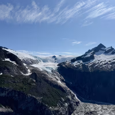 Aerial view of a glacier and icefield above Juneau, Alaska, seen during a helicopter dog sledding excursion