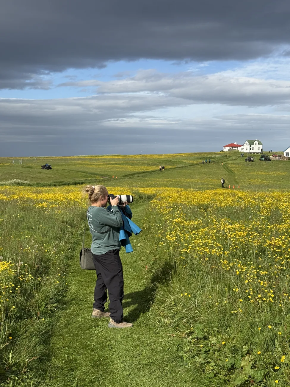 Photographer in outdoor gear standing on a grassy path through a field of yellow flowers, aiming a telephoto lens toward distant farmhouses under a dramatic sky.