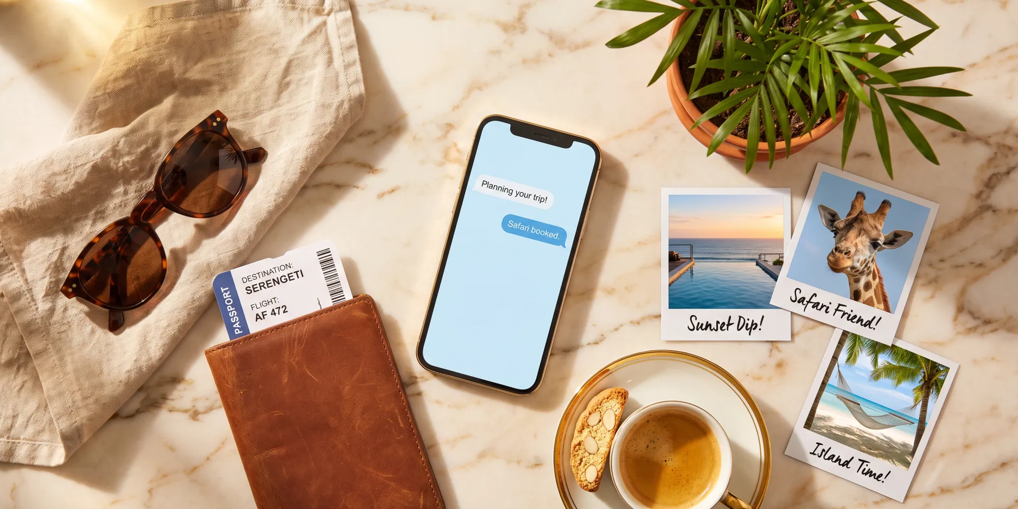 Flat lay of a passport, boarding pass, sunglasses, and coffee beside a phone showing an AI travel chat, with polaroid photos of a luxury pool, safari giraffe, and beach hammock