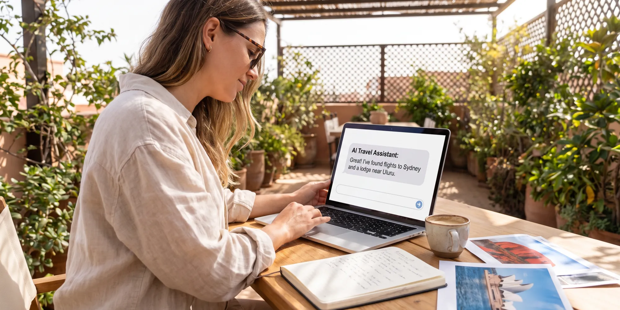 Traveler using ChatGPT on a laptop to research an Australia vacation