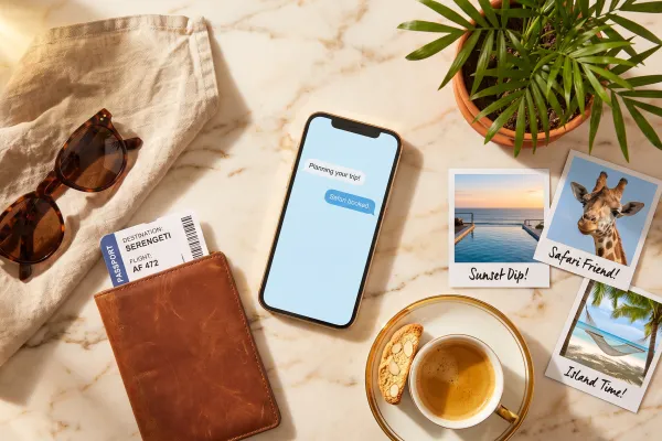 Flat lay of a passport, boarding pass, sunglasses, and coffee beside a phone showing an AI travel chat, with polaroid photos of a luxury pool, safari giraffe, and beach hammock
