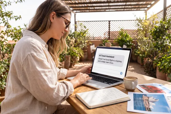 Traveler using ChatGPT on a laptop to research an Australia vacation